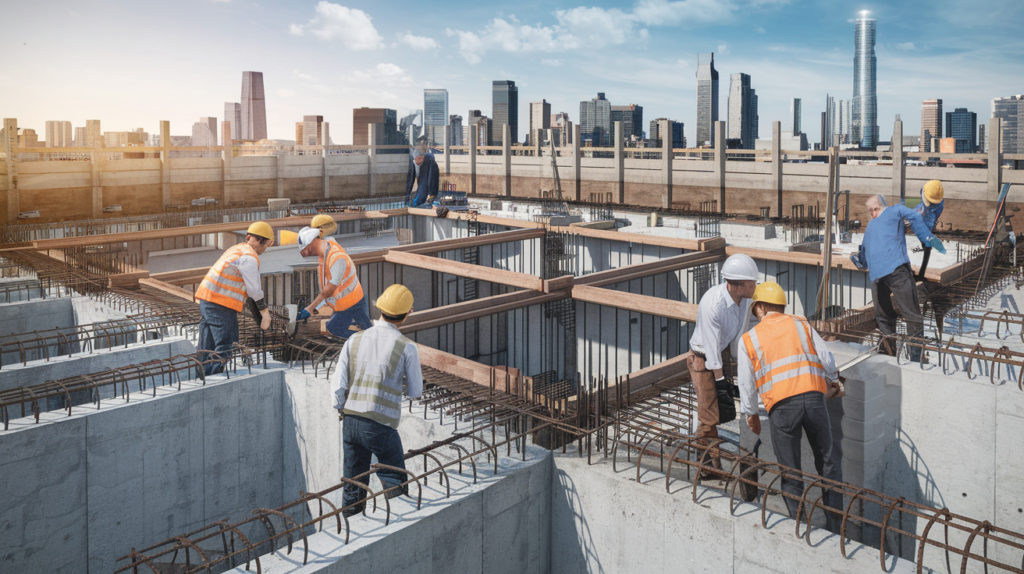 Para pekerja konstruksi dengan helm dan rompi keselamatan sedang membangun struktur beton di sebuah proyek pembangunan. Mereka terlihat memasang tulangan baja dan menuangkan beton di atas fondasi yang kuat. Di latar belakang, terdapat gedung pencakar langit modern dengan langit cerah, mencerminkan perkembangan infrastruktur yang maju